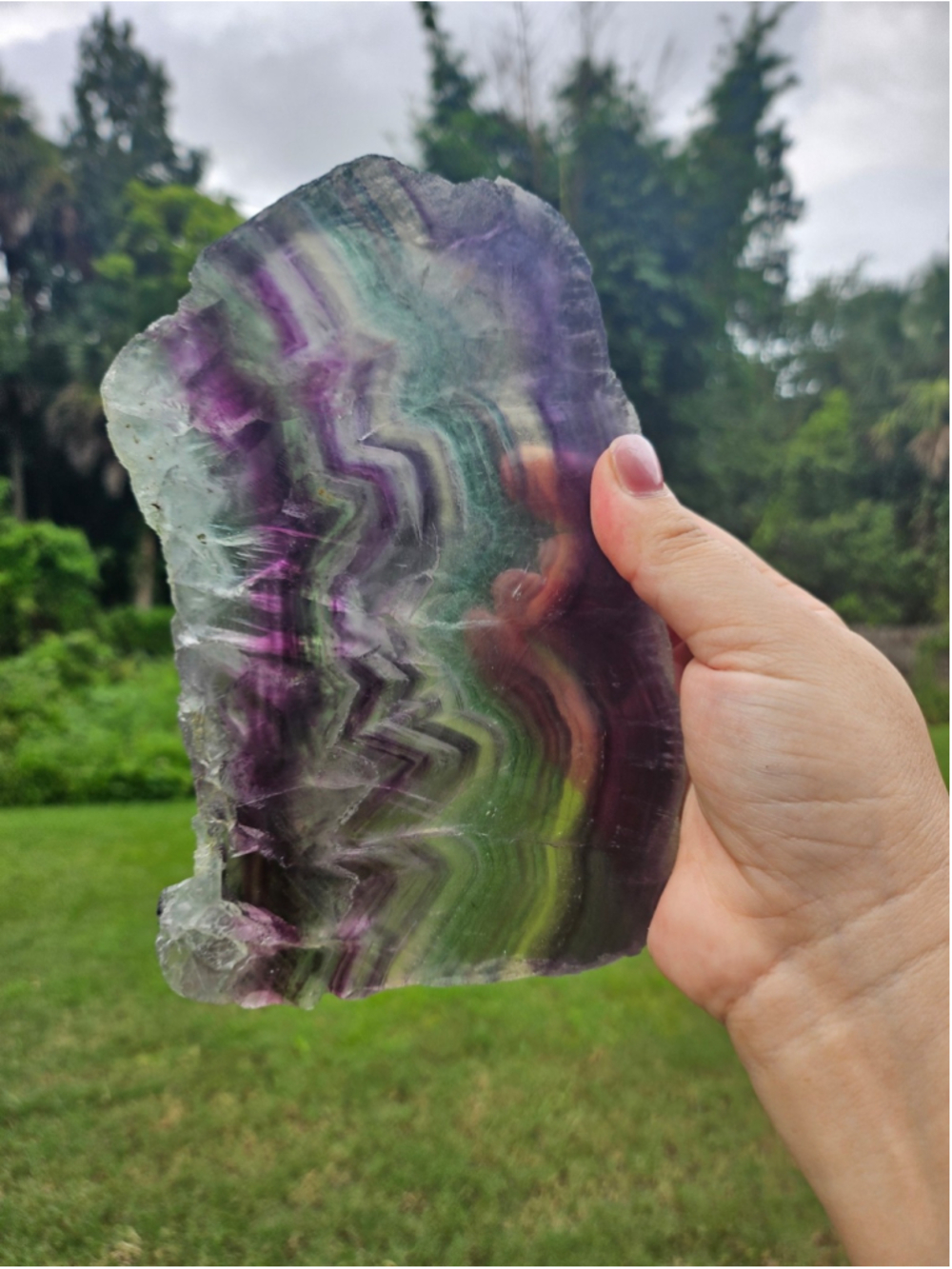 Rainbow fluorite slab with stand